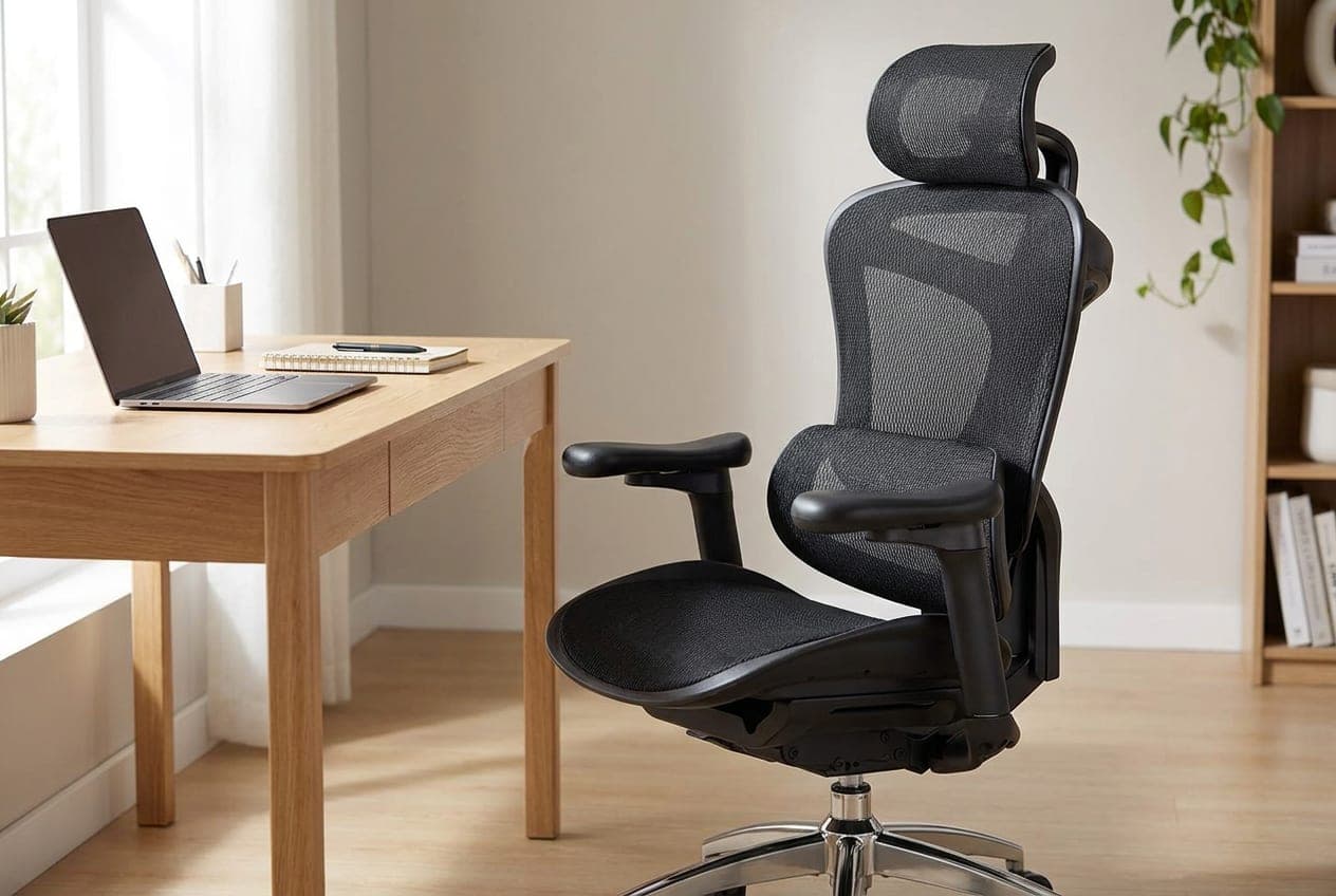 Sihoo Doro C300 high-back ergonomic mesh office chair with headrest and adaptive backrest at a home-office desk