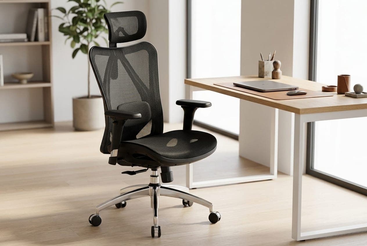 Sihoo M57 full-mesh ergonomic office chair with adjustable lumbar and headrest at a desk in a bright room