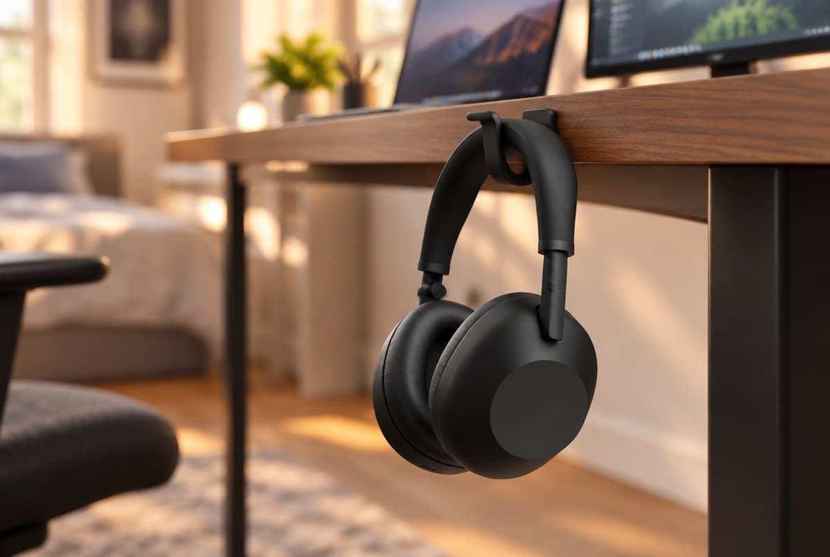 Matte black Sony WH-1000XM6 over-ear headphones hanging from an under-desk hook at the edge of a walnut desk in a bedroom home office