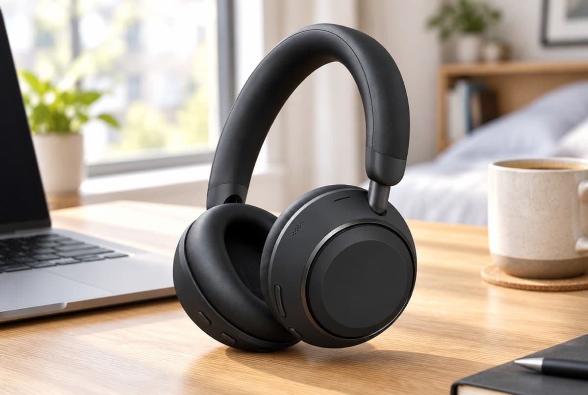 Jet black Soundcore Space 2 over-ear headphones resting on a light oak desk beside a laptop and a mug in a simple bedroom home office
