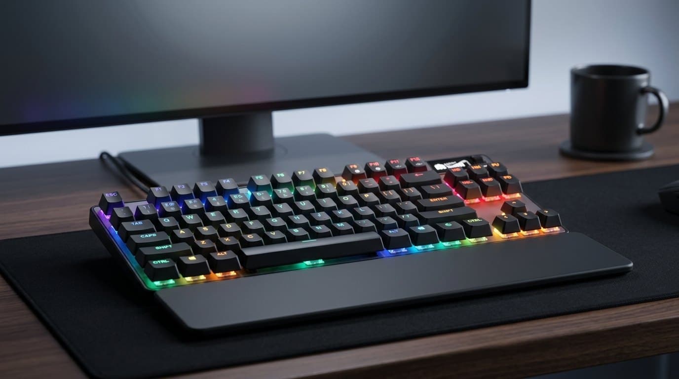 SteelSeries Apex Pro TKL Gen 3 gaming keyboard with per-key RGB, an OLED display in the top-right corner and its magnetic wrist rest attached, on a dark desk in front of a monitor