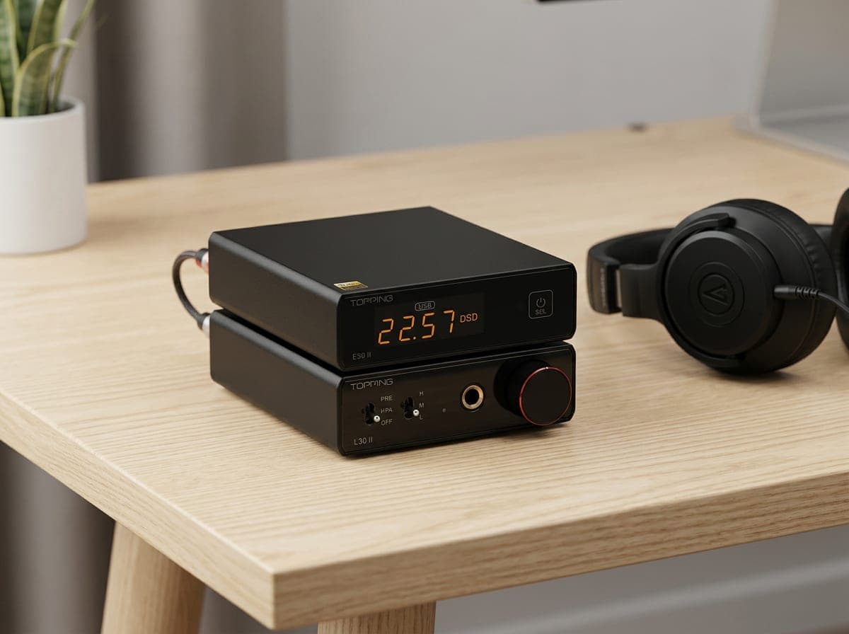 Topping E30 II DAC stacked with the L30 II headphone amplifier as two matching black boxes on a minimalist desk