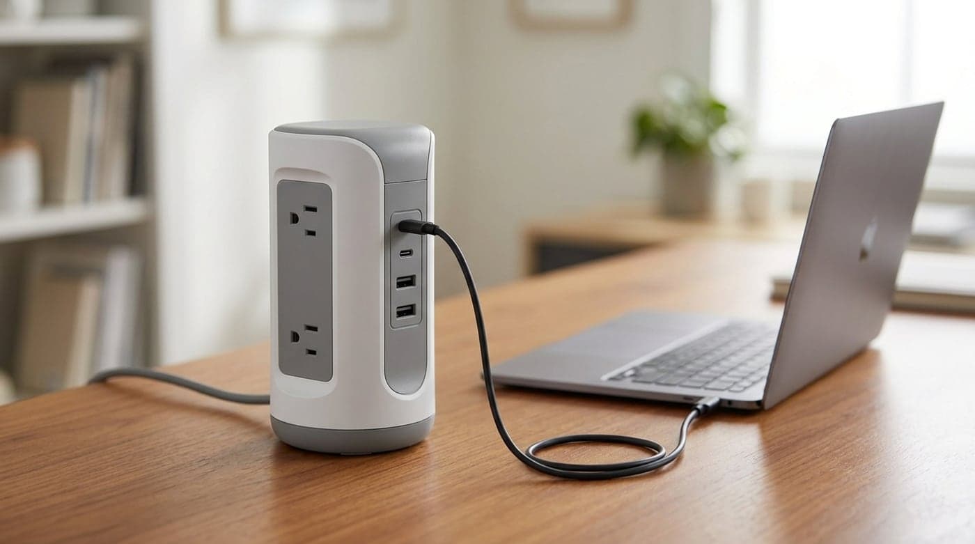 UGREEN DigiNest Pro upright desktop power strip in white and grey with AC outlets and three USB-C ports charging a laptop on a desk