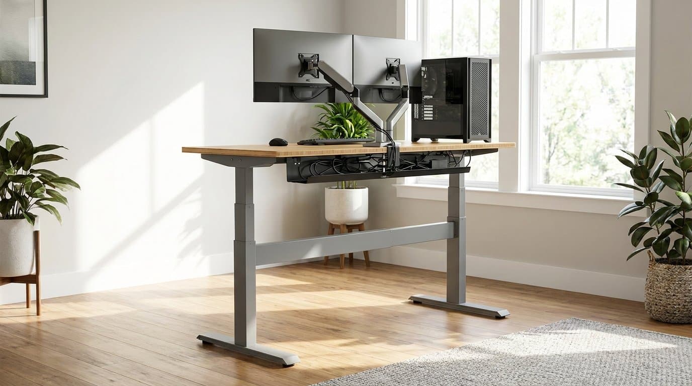 Uplift V2-Commercial standing desk with a bamboo top and gray three-stage legs raised to standing height in a bright home office, holding two monitors on an arm and a mid-tower PC