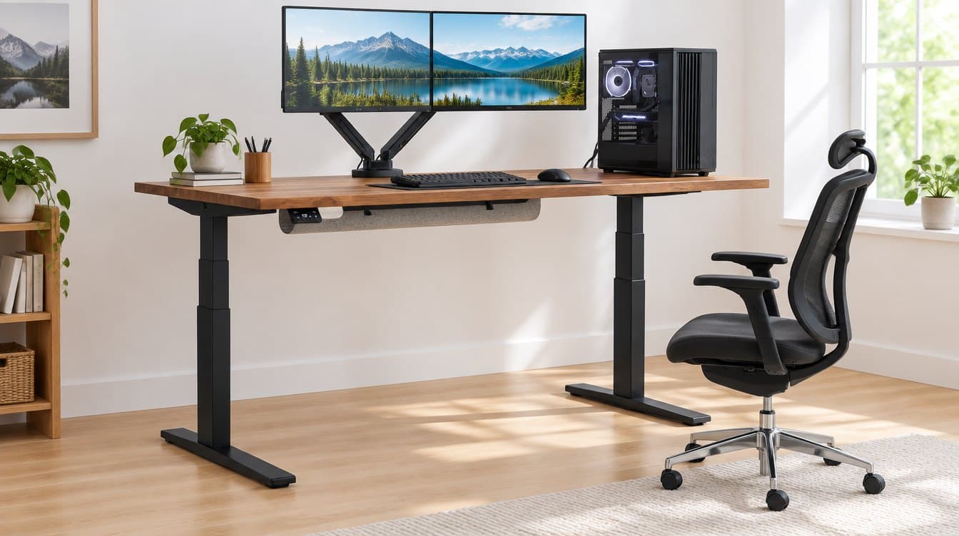 UPLIFT V3 two-leg standing desk with a solid wood top and two black three-stage telescoping columns on forward-reaching C-frame feet, raised to standing height in a bright home office, with a grey cable pouch under the top and no bar between the feet