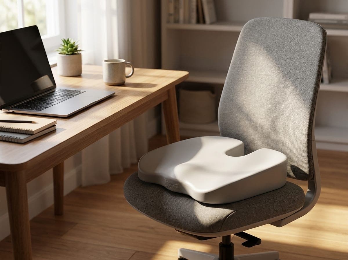 Grey Upseat wedge seat cushion with a forward-sloping profile, a rear U-shaped tailbone cutout, and a smooth wipeable surface on an office chair at a desk