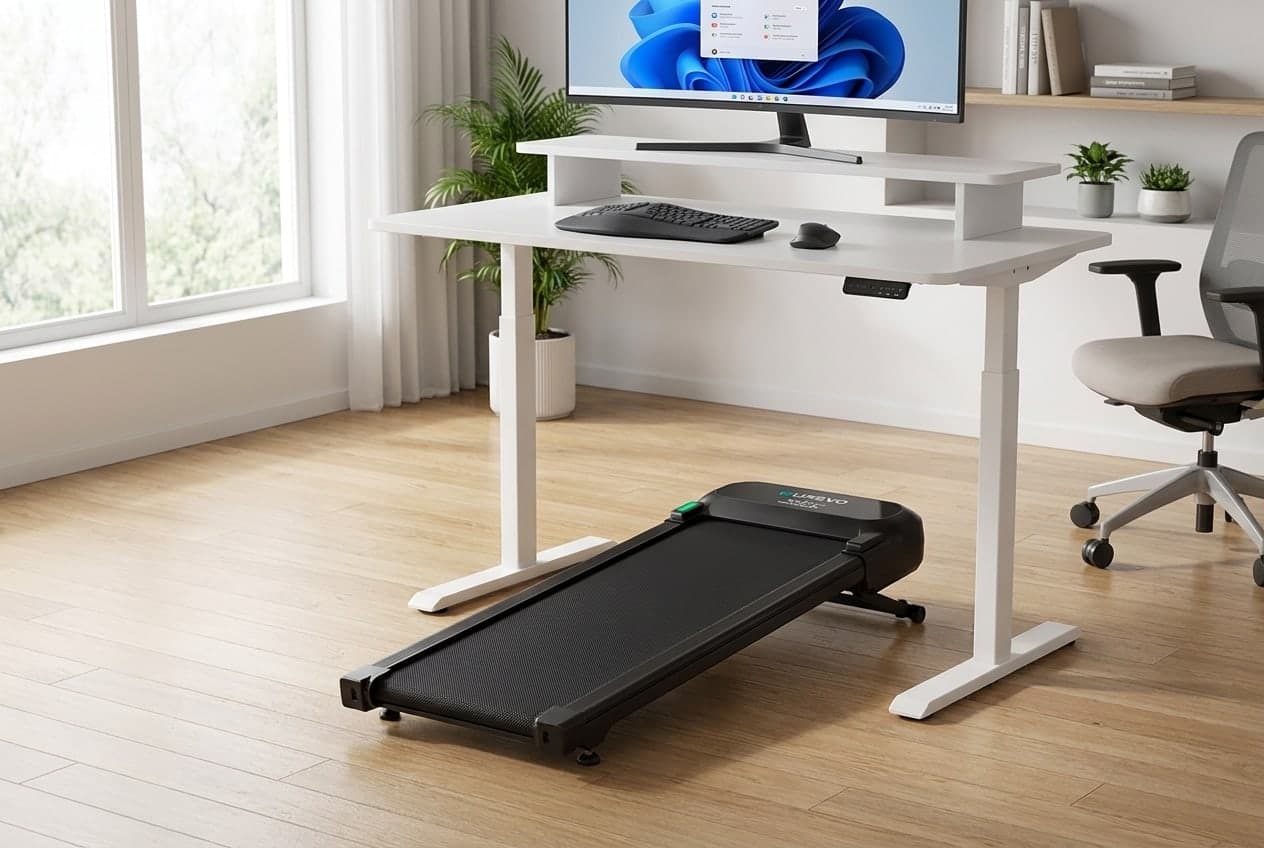 UREVO SpaceWalk 5L under-desk walking pad set to a slight incline, on the floor beneath a standing desk in a clean modern home office
