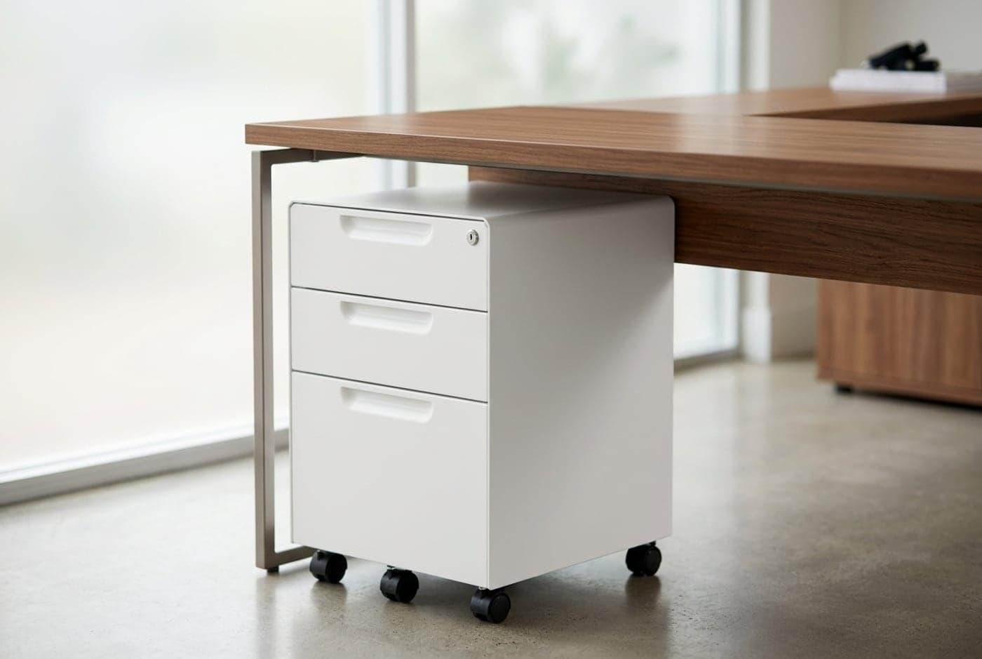 White powder-coated Vari steel mobile file cabinet with three drawers on locking casters, rolled under a standing desk
