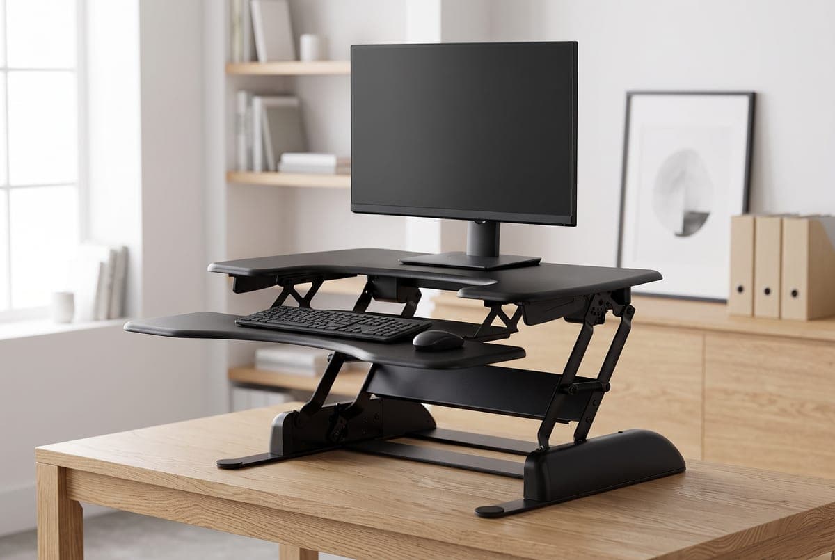 Vari VariDesk Pro Plus 36 two-tier standing desk converter raised on a desk with a monitor on the top shelf and a keyboard on the lower tray