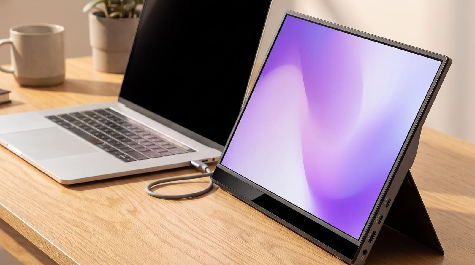 Charcoal 15.6-inch portable monitor propped on its built-in fold-out stand beside a laptop on a wooden desk, with two USB-C ports and a mini-HDMI socket along its edge