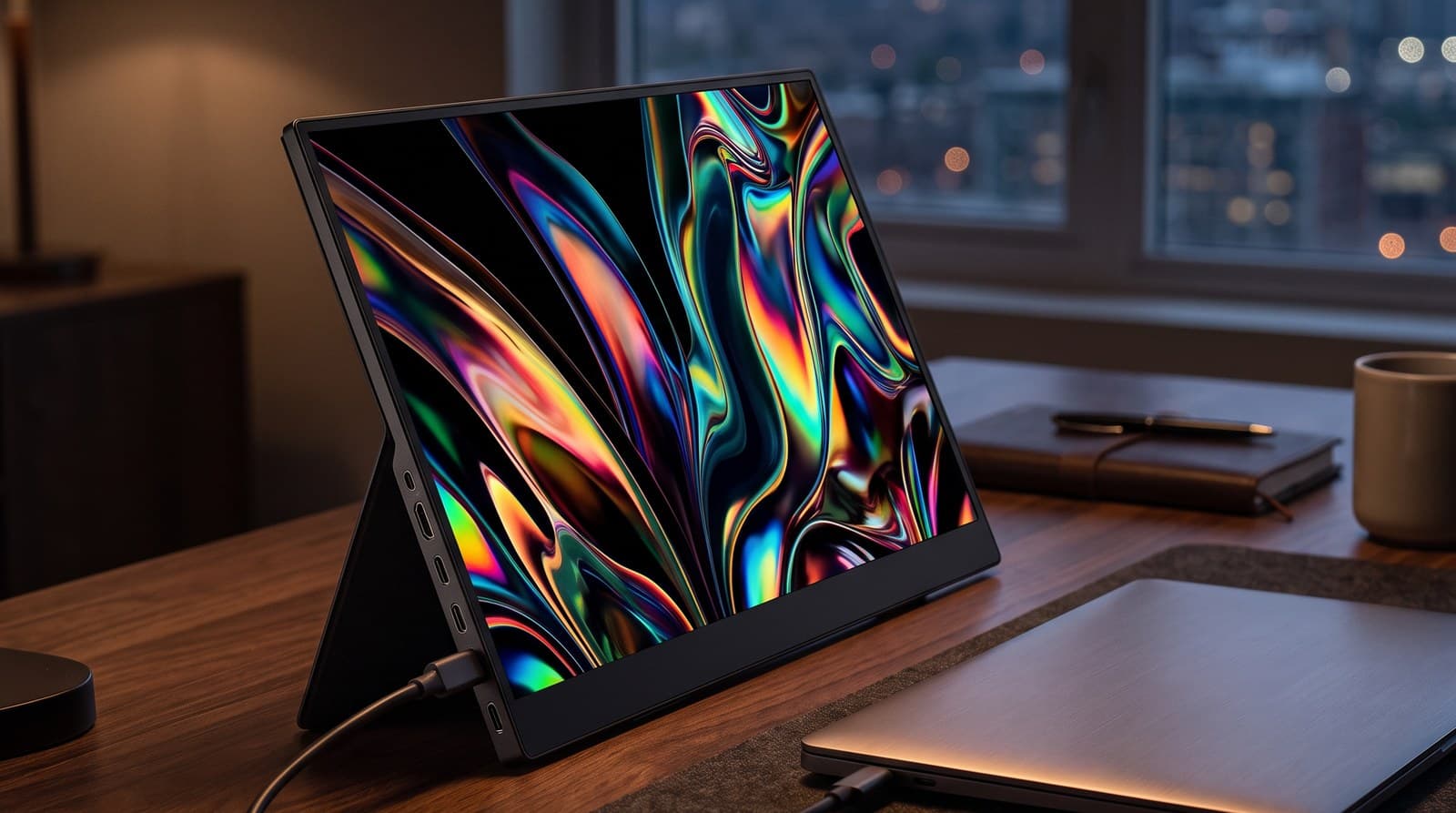 Slim 4K OLED portable monitor showing a deep-black image, standing on a desk beside a laptop in a dim home office