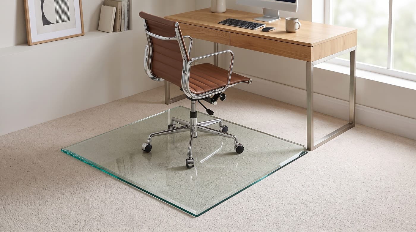 Thick clear tempered glass chair mat with a polished edge resting on carpet beneath a desk and office chair, the carpet visible through the glass
