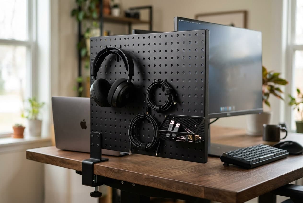 Black VIVO steel clamp-on pegboard rising from the back edge of a desk holding a headset, cables, and small trays, no wall holes