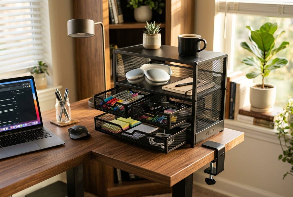 VIVO corner clamp desk organizer with dual drawers and open shelf mounted at the edge of a walnut L-shaped desk in a home office