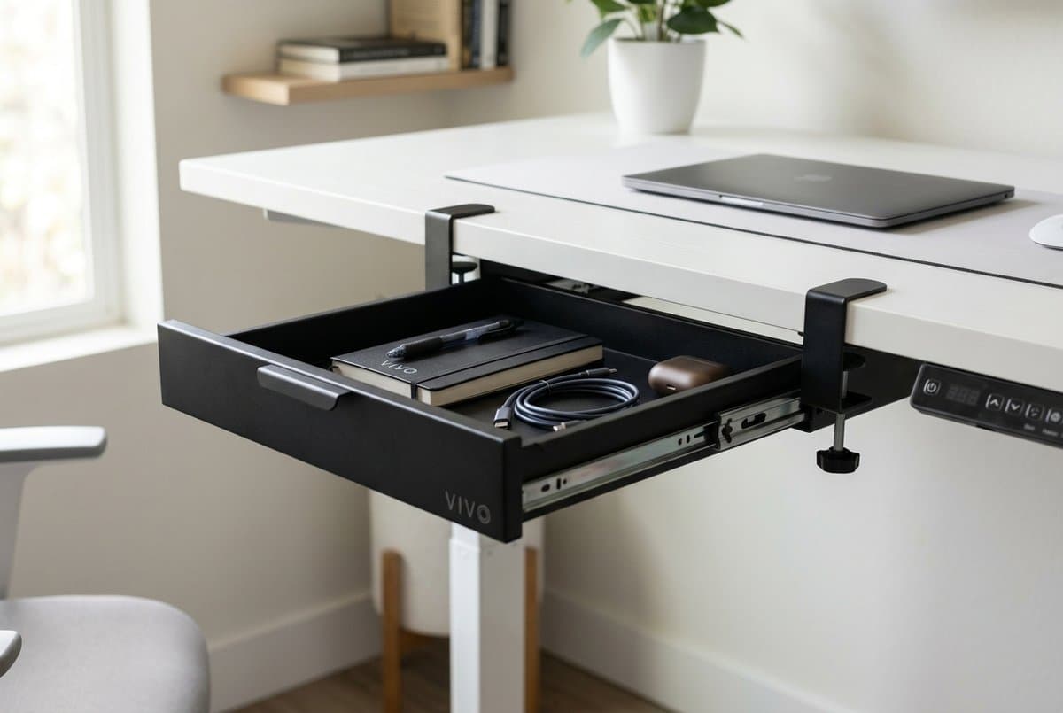 VIVO 18-inch black clamp-on slide-out desk drawer installed under a white standing desk in a clean minimal home office