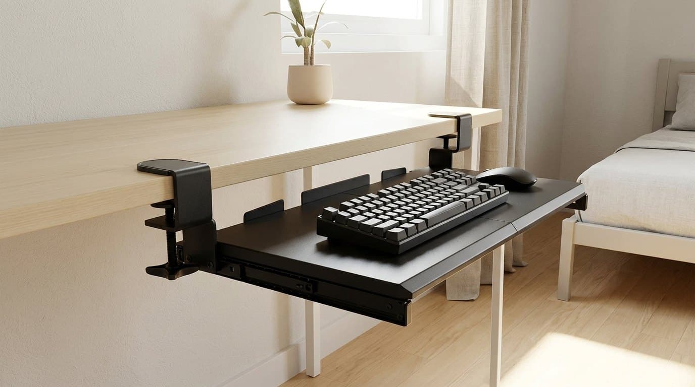 Compact VIVO MOUNT-KB05ES black clamp-on keyboard tray under a small pale-wood writing desk in a bright bedroom corner, its flat untilted platform holding a tenkeyless keyboard and mouse