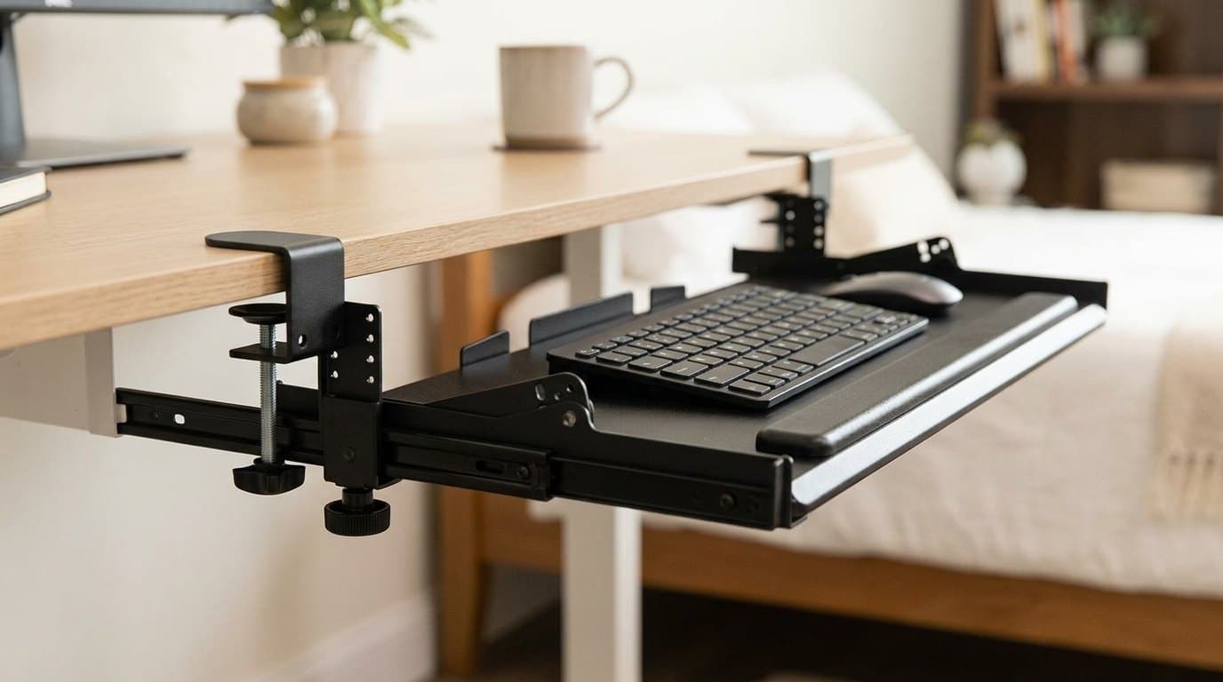 VIVO MOUNT-KB05HT black steel clamp-on keyboard tray mounted under a white oak desk, showing its C-clamps, bolt-hole height brackets and sliding track