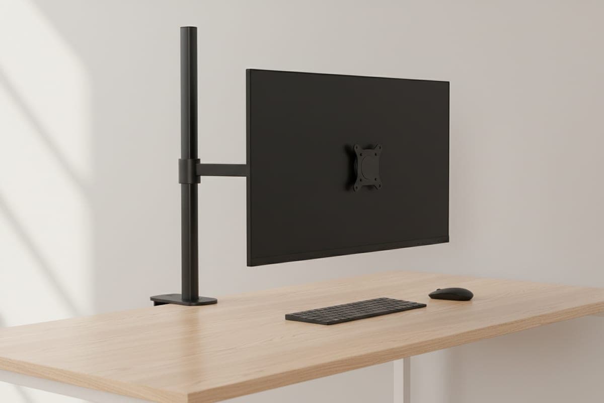 VIVO STAND-V001 monitor arm holding a wide monitor on a pole-style single mount