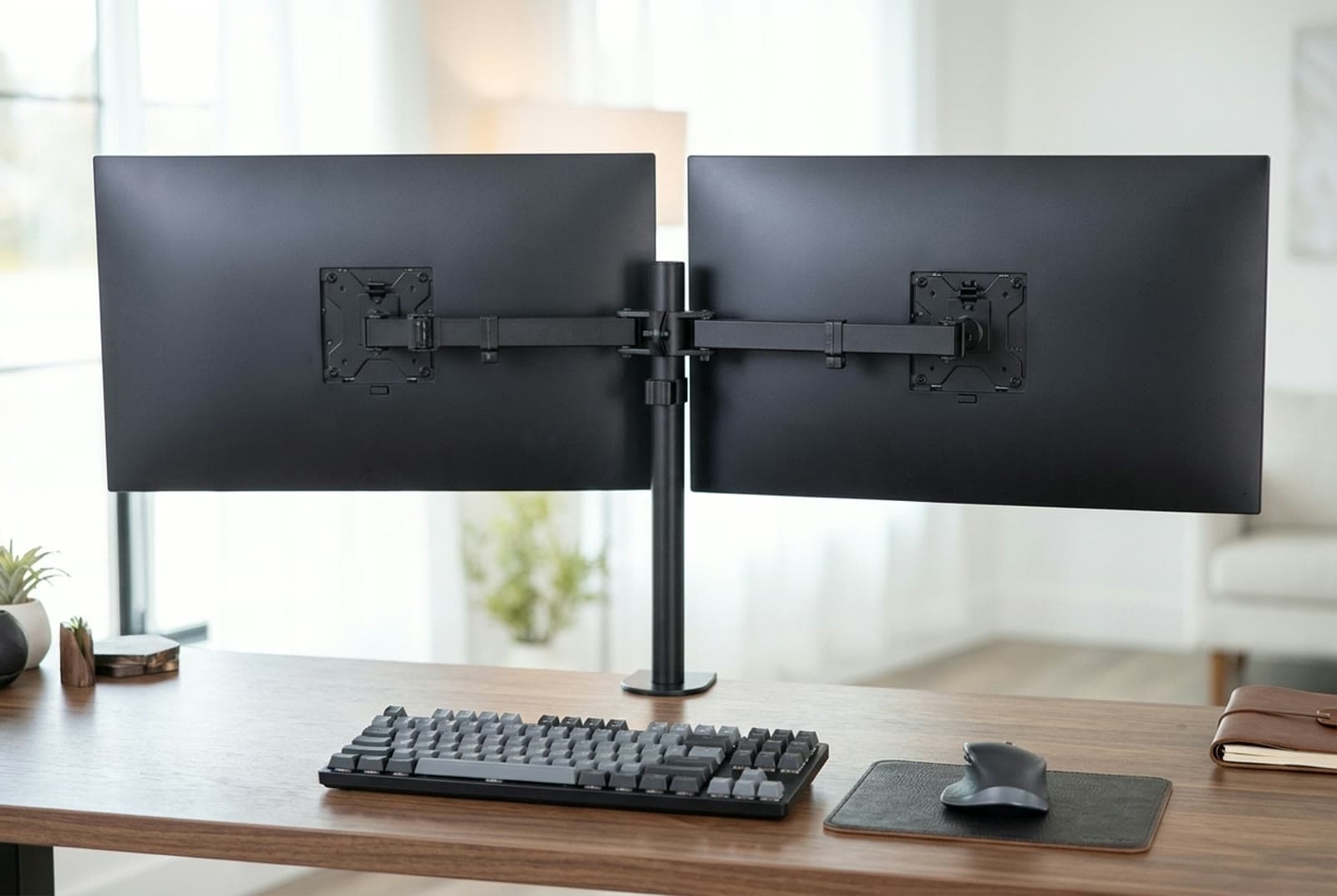 VIVO STAND-V002 dual monitor mount seen from behind: two straight arms clamped to a single black upright pole, each ending in a VESA plate bolted to a monitor back