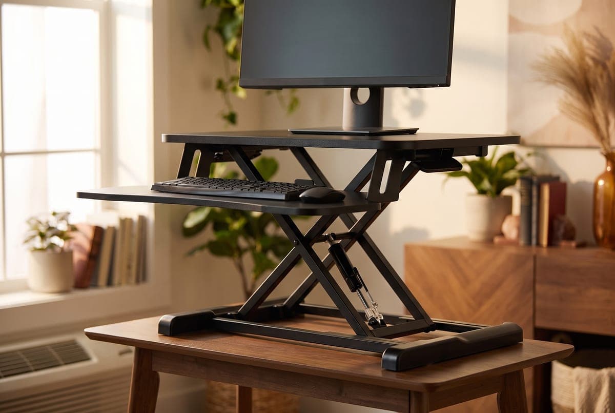 VIVO DESK-V000K compact standing desk converter with a scissor lift raised on a small desk holding a single monitor and keyboard
