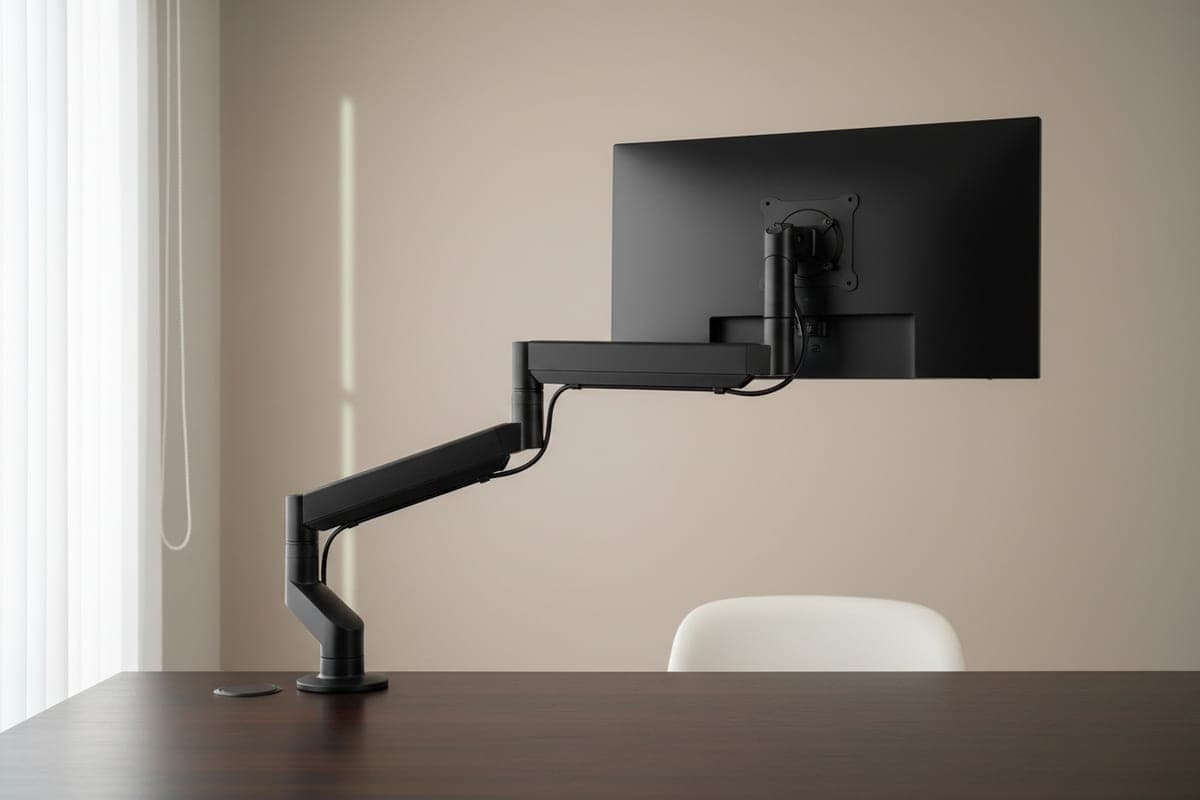 WALI GSDM001 gas-spring monitor arm extended forward over a deep desk
