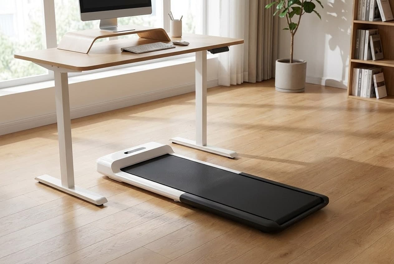WalkingPad C2 slim folding under-desk treadmill with its low-profile deck and single control panel, on the floor beneath a standing desk in a modern home office