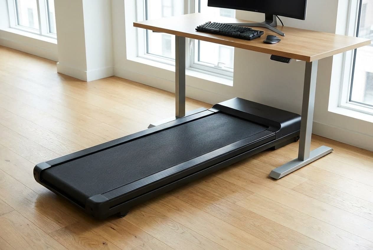 WalkingPad P1 slim walking pad with an extra-long belt, on the floor beneath a standing desk in a bright home office
