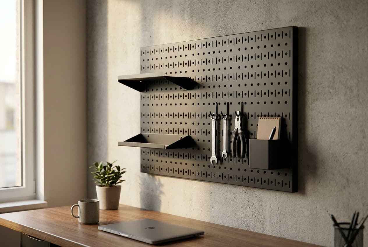 Black powder-coated steel Wall Control slotted pegboard mounted on a wall above a desk holding shelves, hooks, and heavier office gear