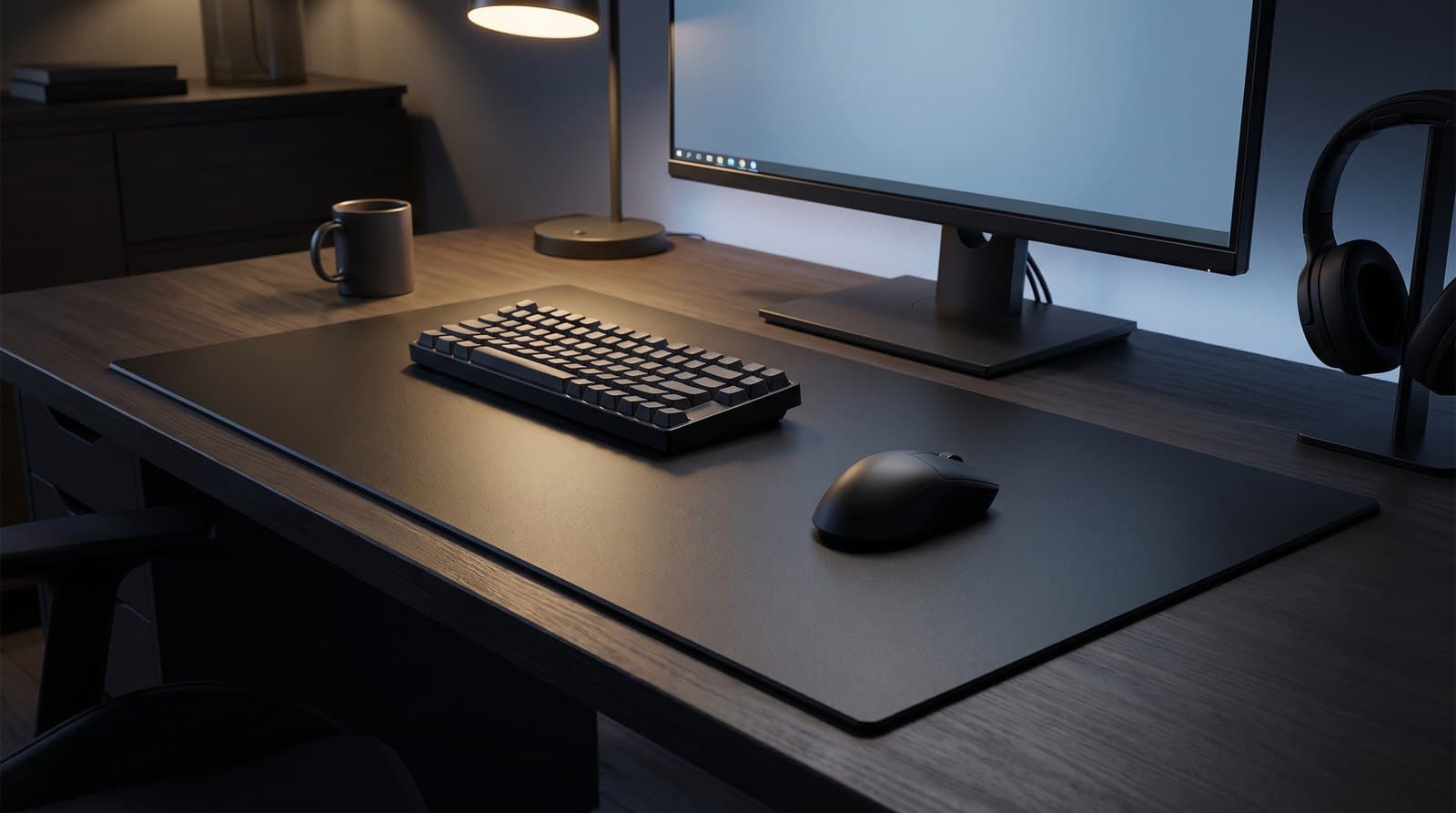Very large black glass gaming mousepad covering most of a desk beneath a mouse and compact keyboard in a dark home office