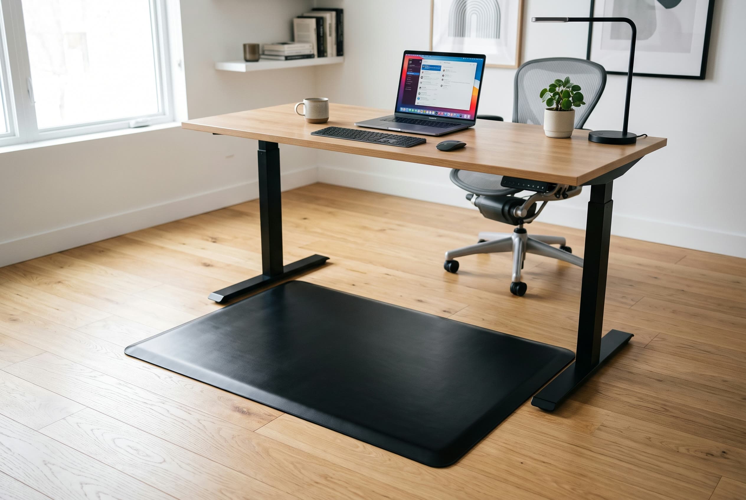 WellnessMats Original anti-fatigue mat, a sleek sealed black mat with a smooth seamless surface, on the floor under a standing desk in a modern home office