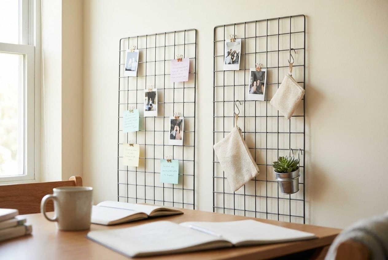 Two black coated-wire grid panels on a wall beside a desk holding photos, notes, small hooks, and lightweight accessories