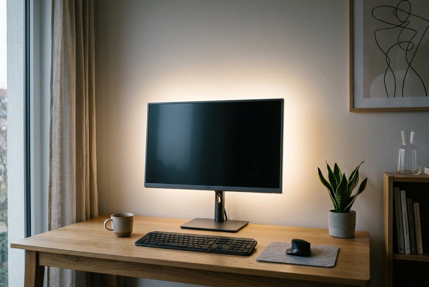 WiZ LED strip casting a soft even warm-white glow on the wall behind a minimalist monitor and desk