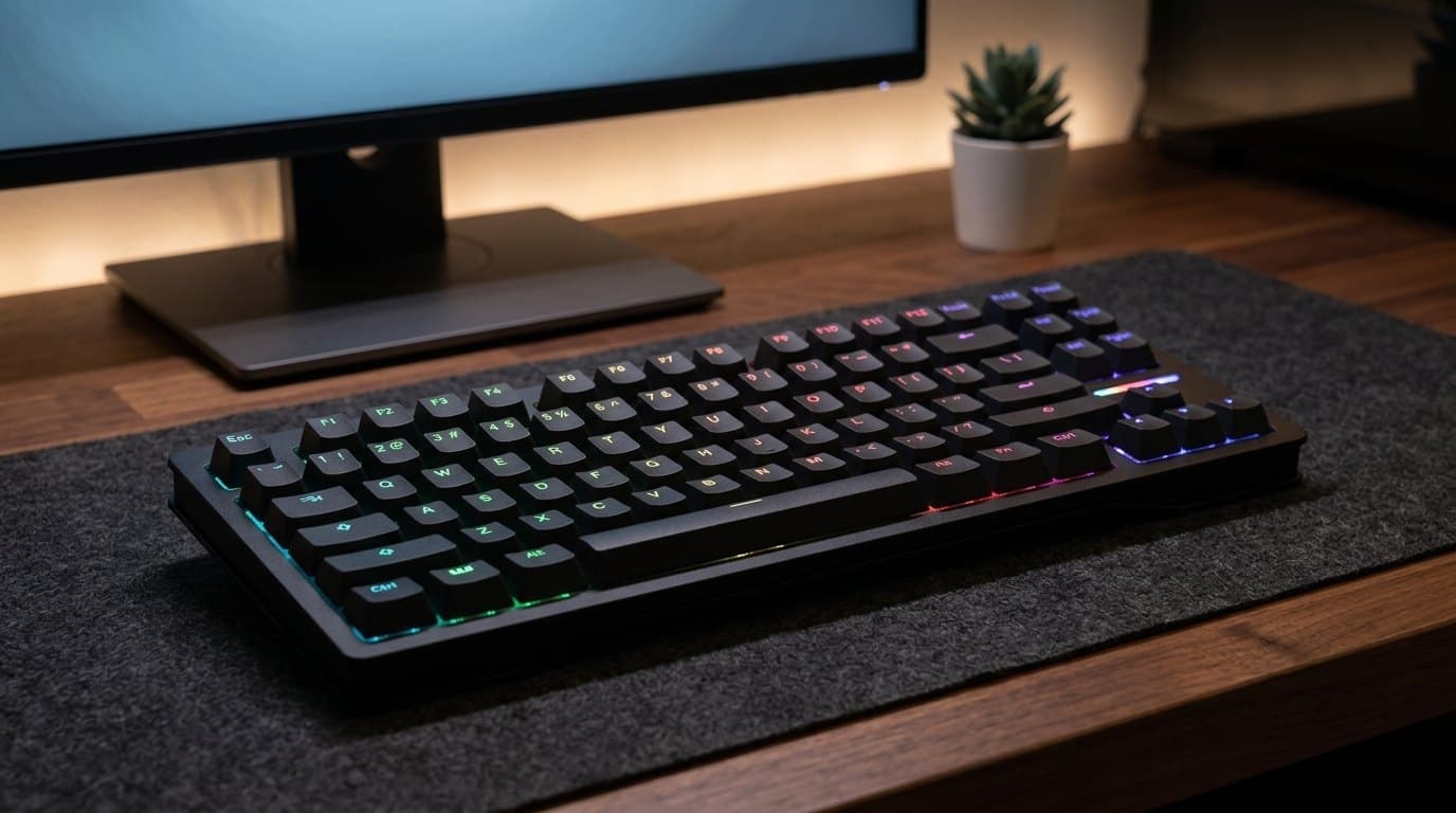 Wooting 80HE 80% gaming keyboard with rainbow RGB backlighting on a dark desk mat in a home-office gaming setup