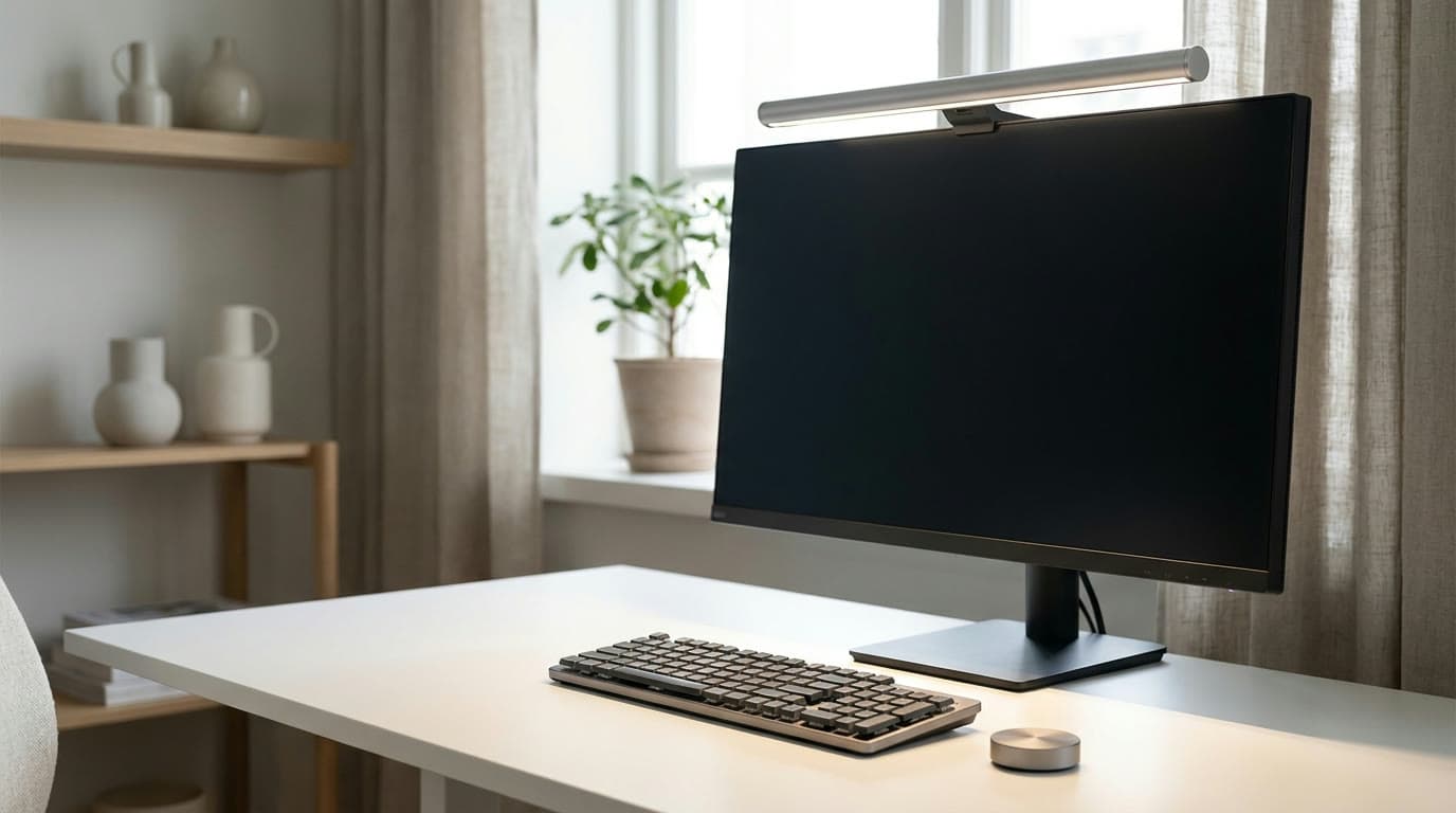 Xiaomi Mi Computer Monitor Light Bar with a slim metal body clipped to a flat monitor, small remote puck on the desk, in a minimalist home office
