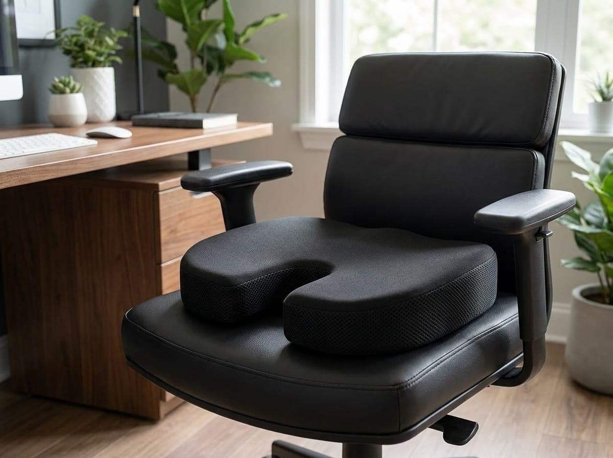 Xtreme Comforts memory foam coccyx seat cushion with a deep rear U-shaped cutout and a mesh cover on an office chair