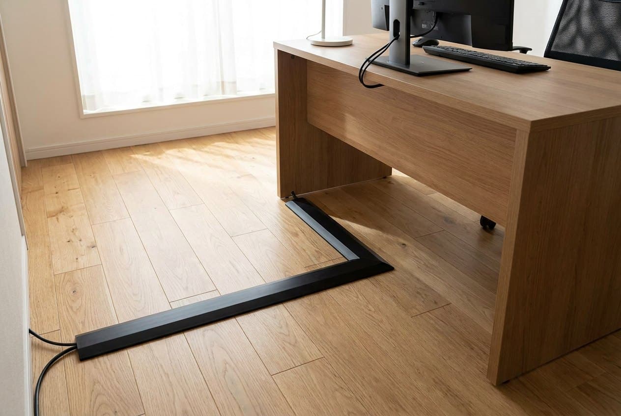 Low-profile black Yecaye floor cord cover running across a floor beside a desk protecting a cable from foot traffic