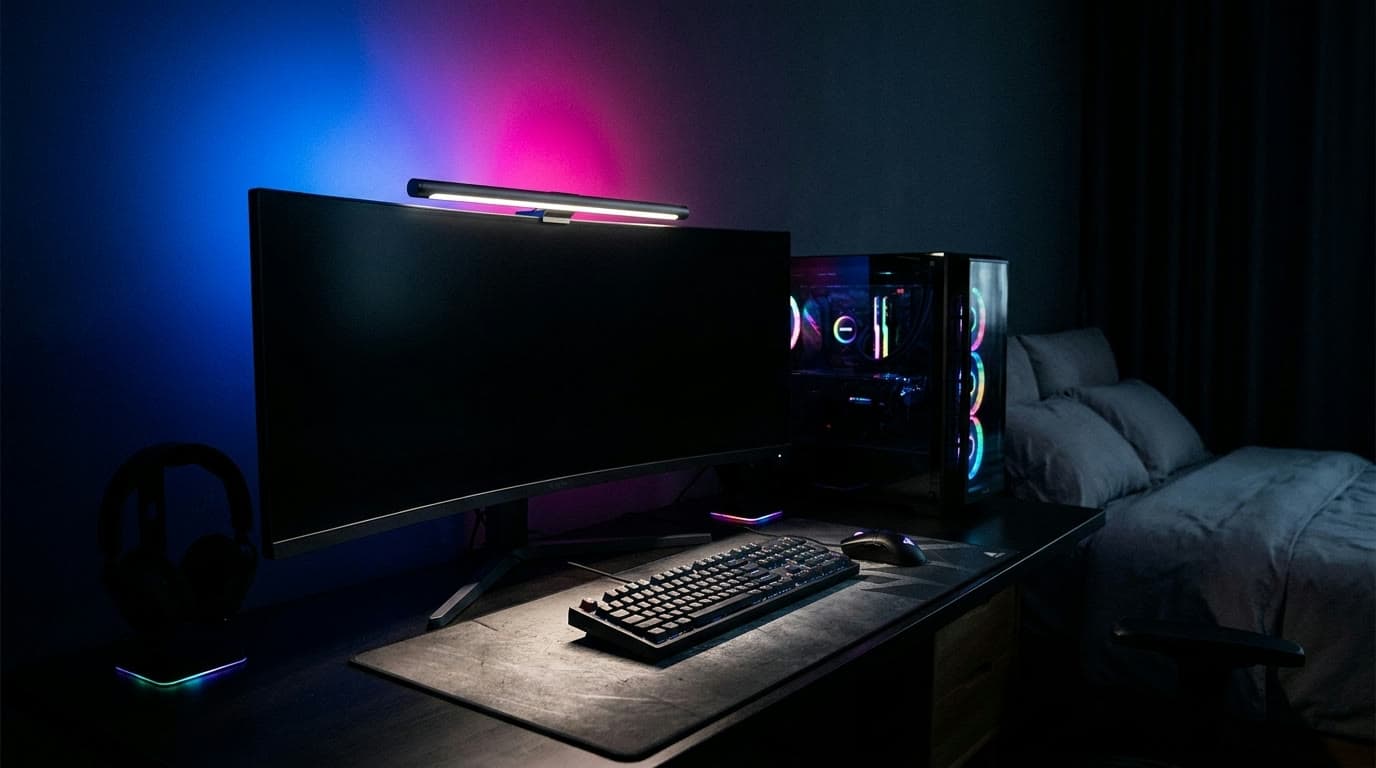 Yeelight Monitor Light Bar Pro on top of a monitor with colorful RGB ambient light glowing on the wall behind it in a gaming desk setup at night