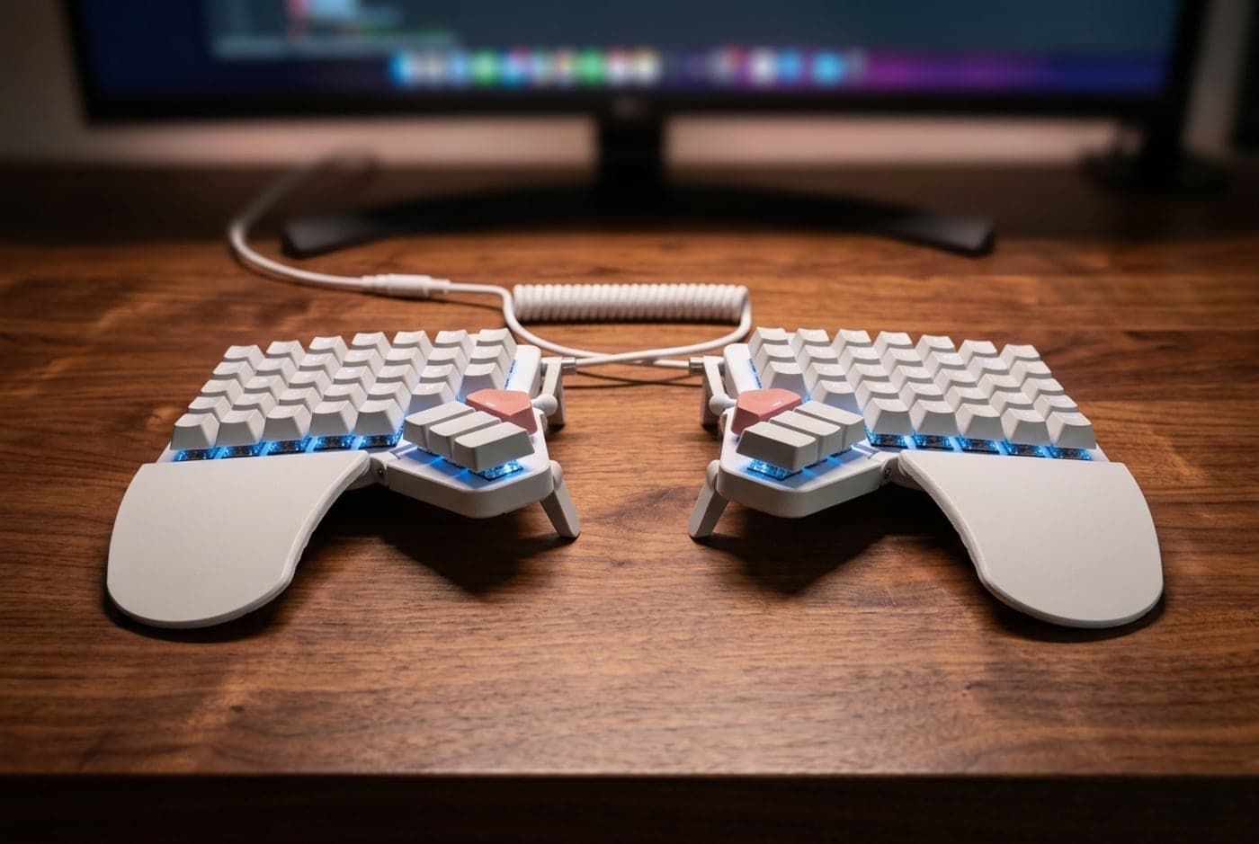 ZSA Moonlander Mark I split mechanical keyboard, two halves tented up on integrated legs with thumb key clusters and fold-out palm rests, on a walnut desk